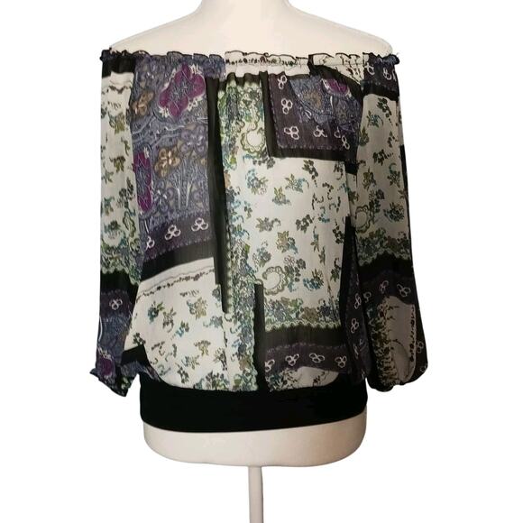 Cato Off-The-Shoulder Multi-Color Patchwork Print Sheer 3/4 Sleeve Blouse Medium - Picture 1 of 9